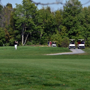 a course with golf carts and golfer